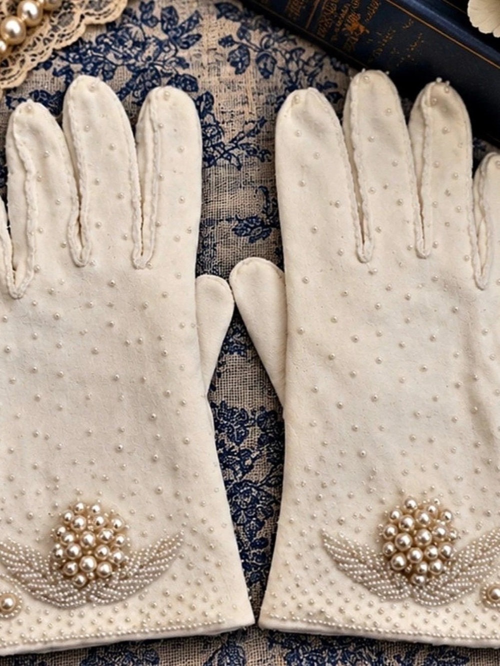 Vintage Fownes Nylo Ivory Beaded Gloves Pearl Floral Embellished 1950s 1960s Bri